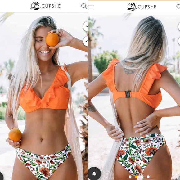 orange ruffle bikini with floral bottom